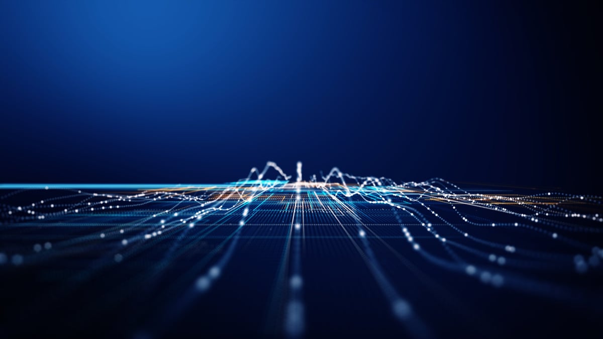 Abstract 3D digital grid with dynamic data lines and glowing nodes